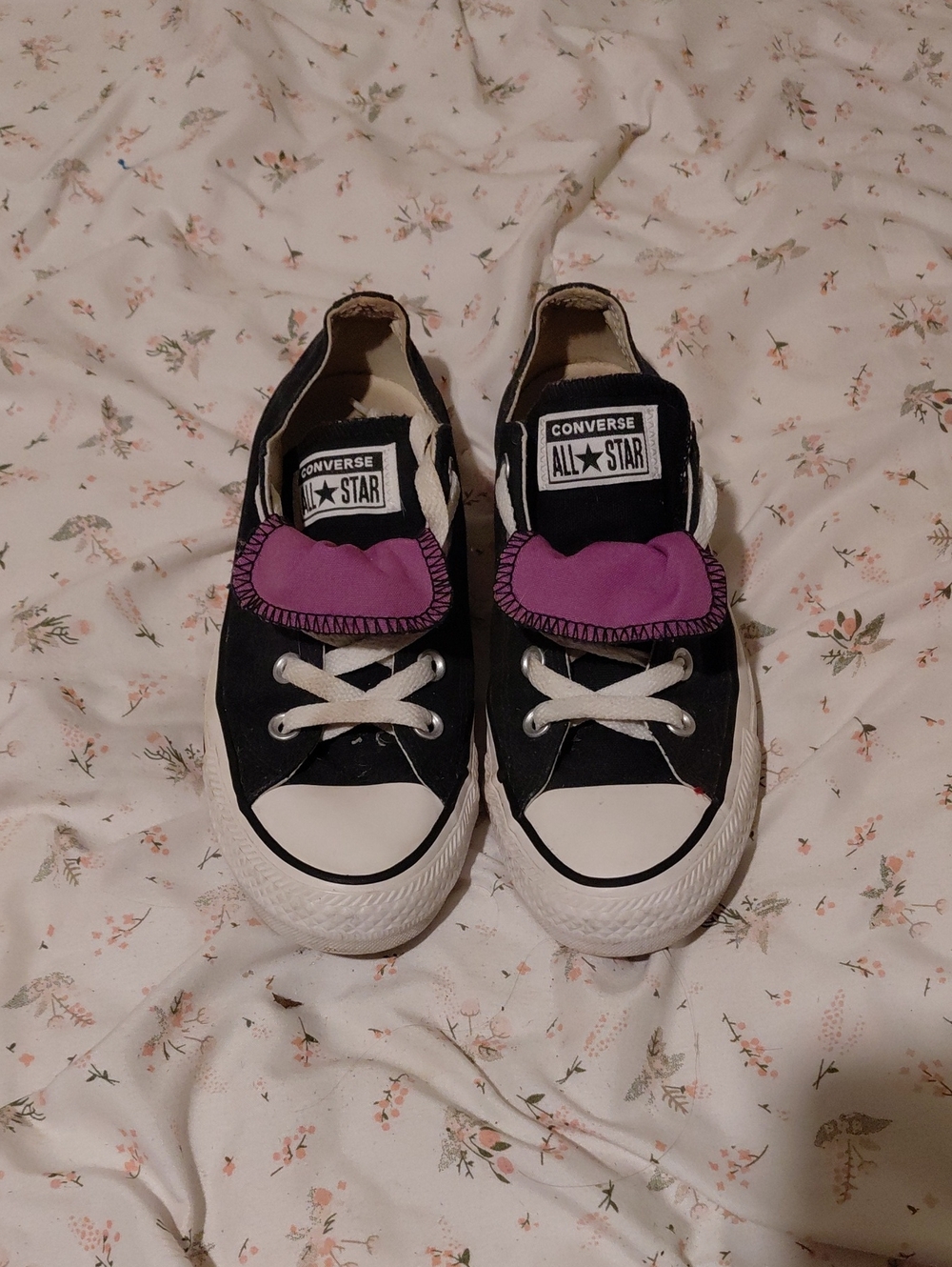 Converse Kids Black Canvas Sneakers with Purple Tongue Accent